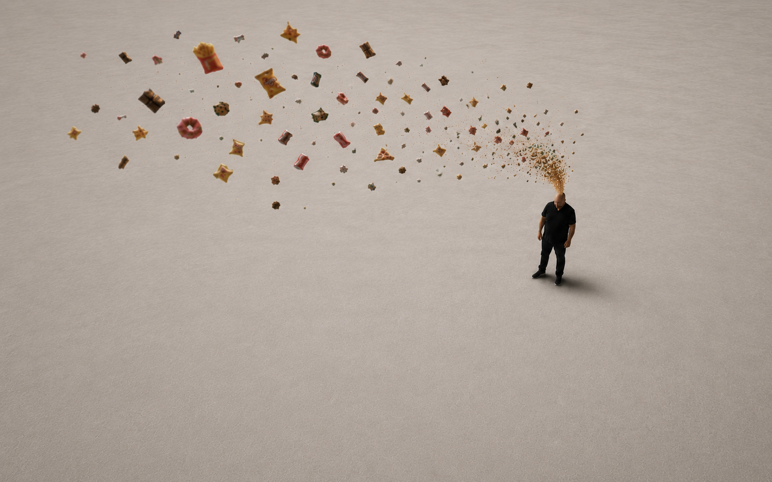 Man battling food noise surrounded by floating junk food