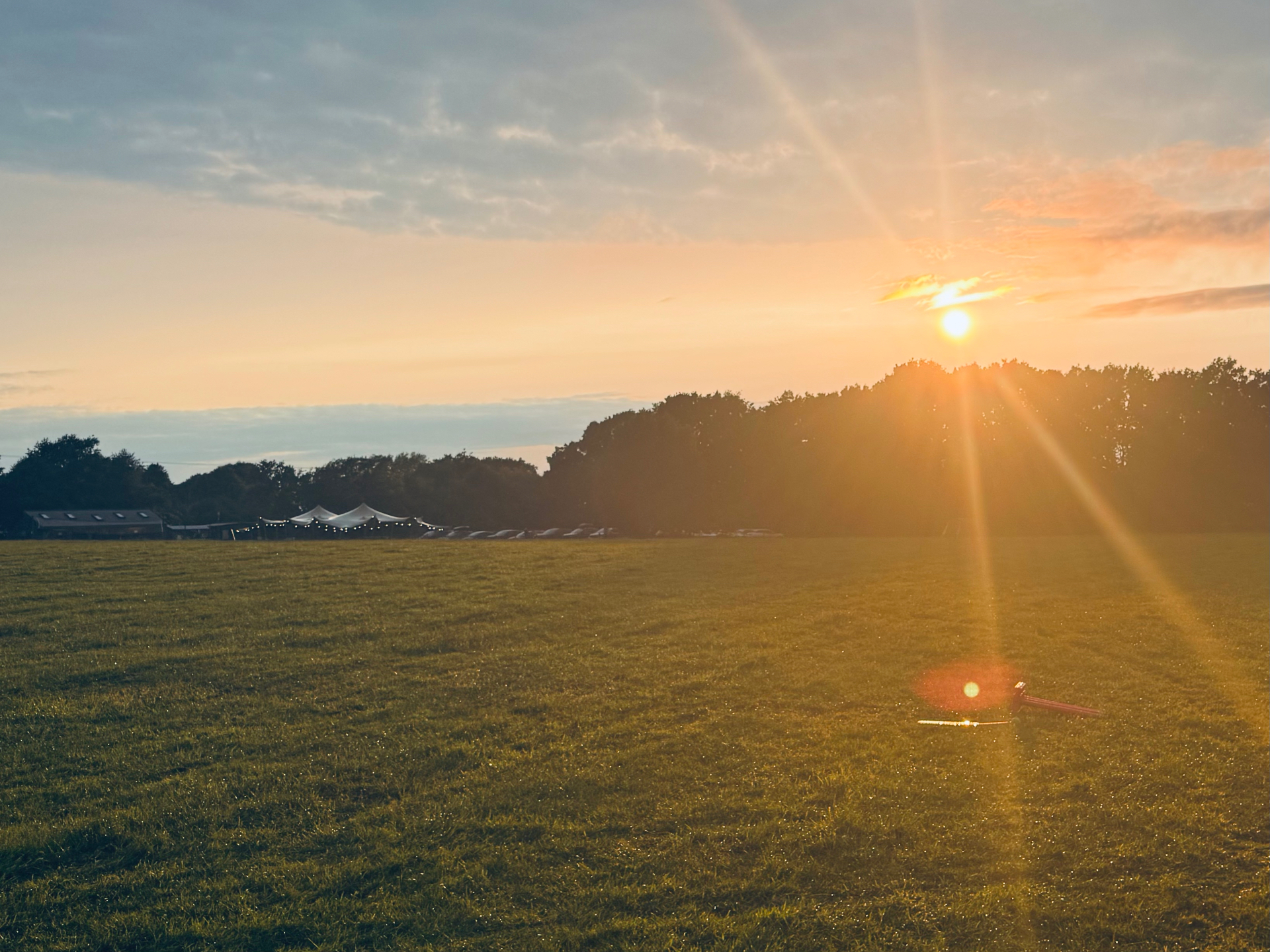 Sunset over a woodland clearing with sun low on the horizon
