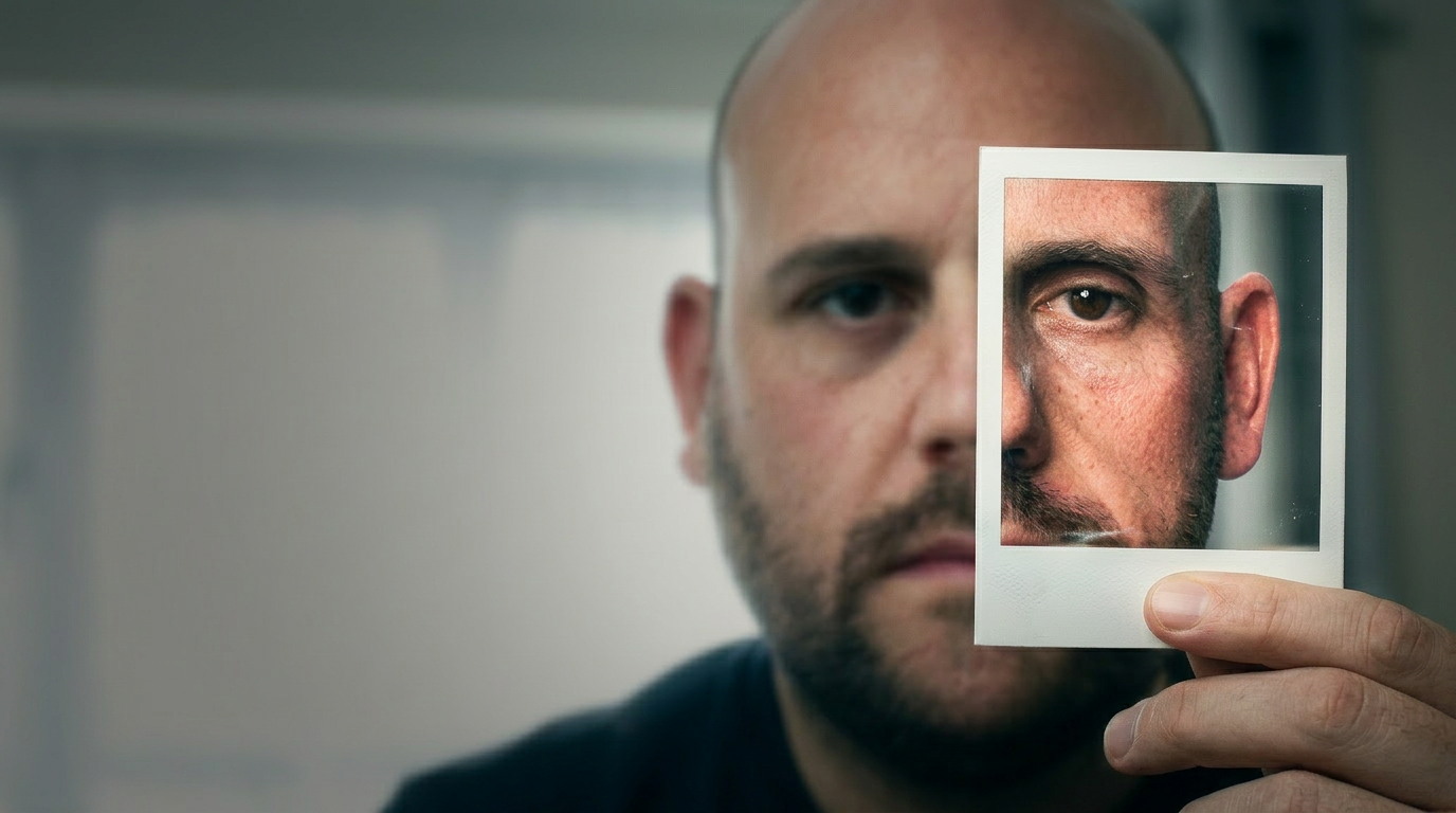 Toby holding a polaroid showing his face after his low-carb transformation, overlaid on his older self