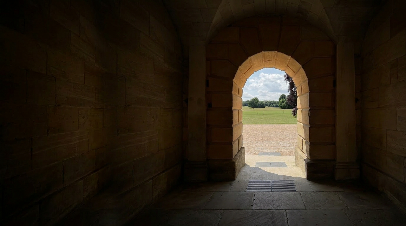 View from a dark courtyard through an archway into open stately home grounds, symbolizing the path to inner peace and vitality with low-carb mentoring.