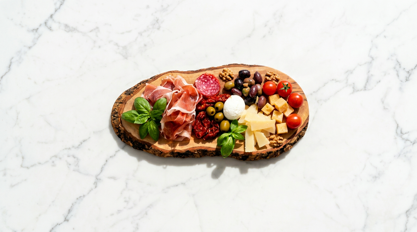 Rustic wooden board of antipasti on a marble worktop
