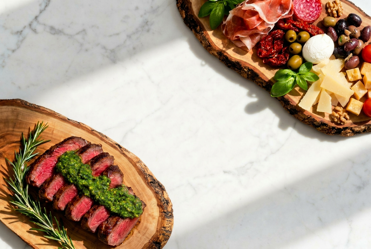 Overhead flat-lay of a white marble worktop with a rustic wooden board of antipasti in the top right and sliced ribeye steak with pesto on a live-edge board in the bottom left
