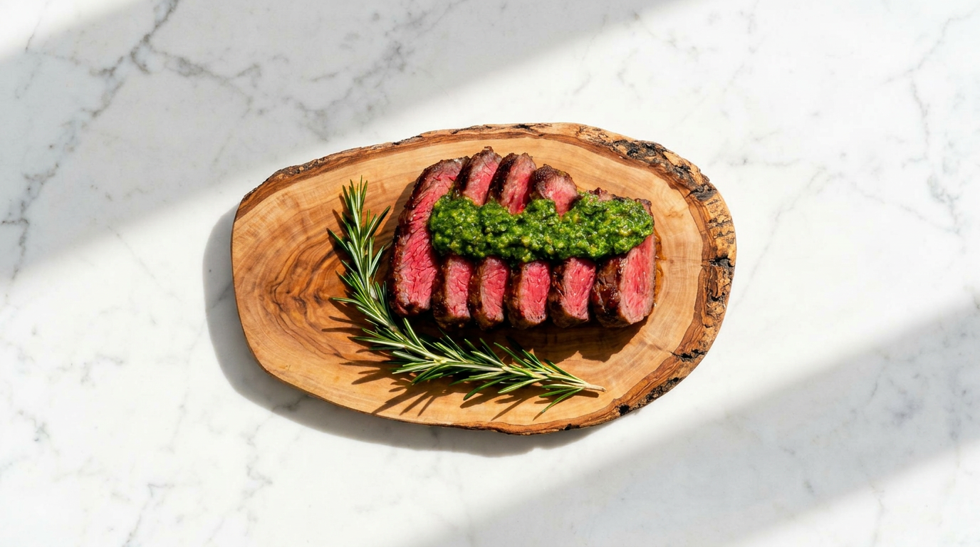 Sliced ribeye steak with pesto on a live-edge wooden board
